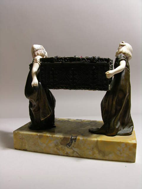 BRONZE AND IVORY FIGURINE OF TREASURE CHEST. - 4