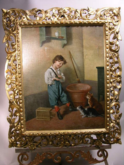 C. ALESANDRI:CIRCA 1874 OIL ON CANVAS..CATS: C. ALESANDRI:FLORENCE ITALY ANTIQUE PAINTING OIL ON CANVAS. A YOUNG BOY WITH HIS BIRD OUT OF ITS CAGE WITH TWO CATS LOOKING ON WHILE HE IS PETTING THE BIRD.NAME PLATE READS "C. ALESANDRI FIRENZE 1874"