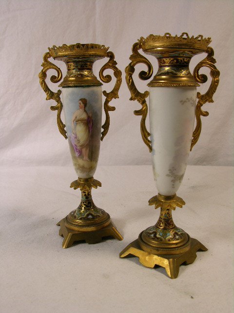ANTIQUE PAIR OF HAND PAINTED PORCELAIN AND CHAMPL - 2
