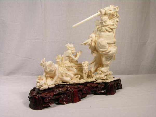ANTIQUE CHINESE CARVING OF THREE FIGURES. A LARG - 3