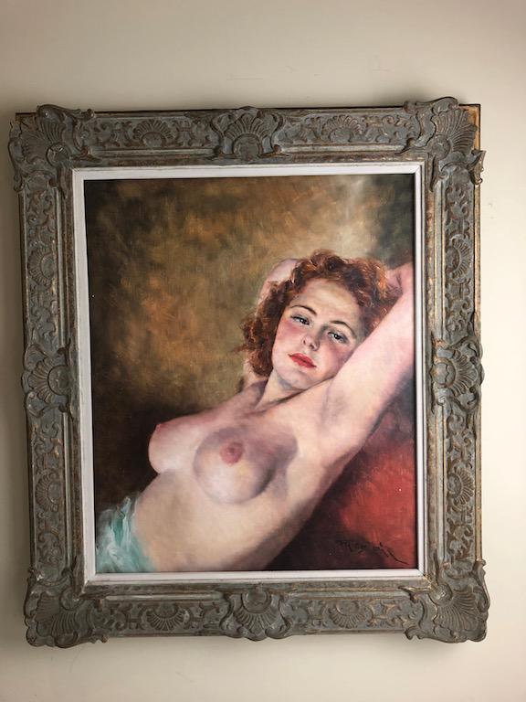 Pal Fried (Hungary, 1893-1976). Oil on canvas of a: Pal Fried (Hungary, 1893-1976).Oil on canvas of a nude, titled "Eve".Artist signed bottom right corner.Viewing area 28 1/2 inches x 23 1/2 inches.Framed 38 inches x 33 inches.(Damage to the top left o