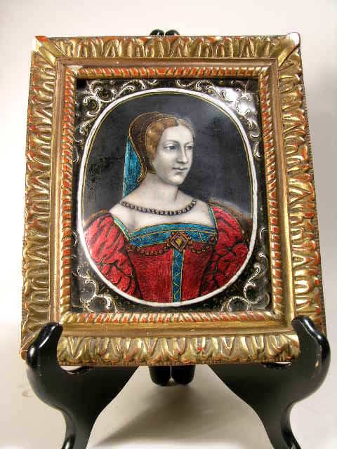 LIMOGES PLAQUE OF AN ELEGANT WOMAN IN RED DRESS.