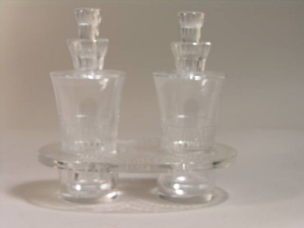 LALIQUE FRANCE OIL AND VINAGAR CRUET SET.