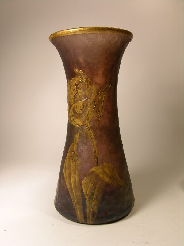 MOUNT JOYE (FRENCH) CAMEO VASE.: MOUNT JOYE (FRENCH) CAMEO VASE.A BEAUTIFUL CAMEO AND ENAMELED VASE DECORATED WITH FLOWERS AND LEAVES ON A DARK AMETHYST GROUND. BOTTOM ENAMELED WITH LOGO AND MOUNT JOYE.HEIGHT 9 3/4".