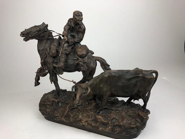 Vasilli Grachev, (Russian, 1831-1905). Cattle Thief, a: Vasilli Grachev, (Russian, 1831-1905). Cattle Thief, a bronze figure of a thief on horse back holding a hand gun and looking back.Artist signed in Cyrillic as well as stamped with the foundry "Farr. C