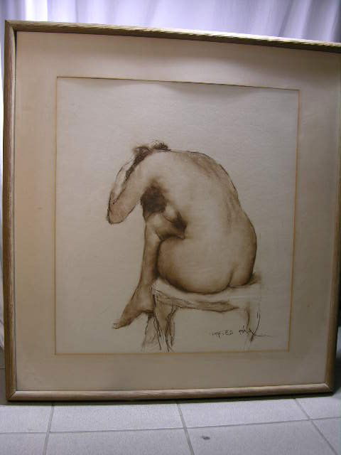 WATER COLOR:PAL FRIED: WATER COLOR AND PENCIL SIGNED "PAL FRIED". (PAL FRIED:HUNGARIAN/AMERICAN 1893-1976). A NUDE WOMAN.VIEWING AREA 23" X 26". FRAMED 33" X 36".