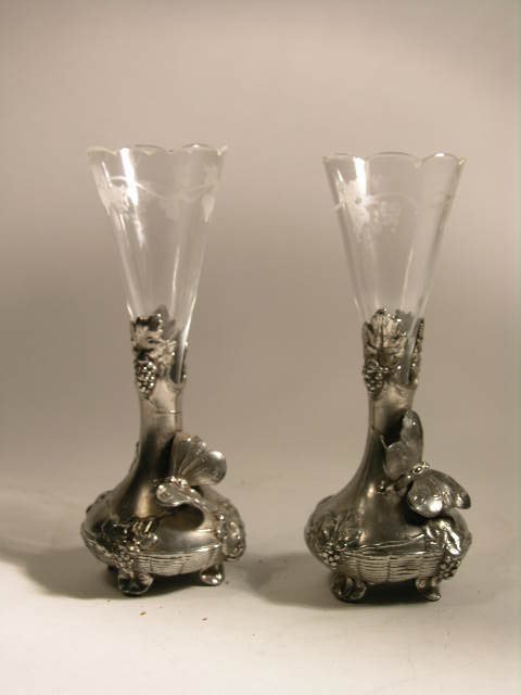 SILVER AND ETCHED GLASS VIOLET VASES.