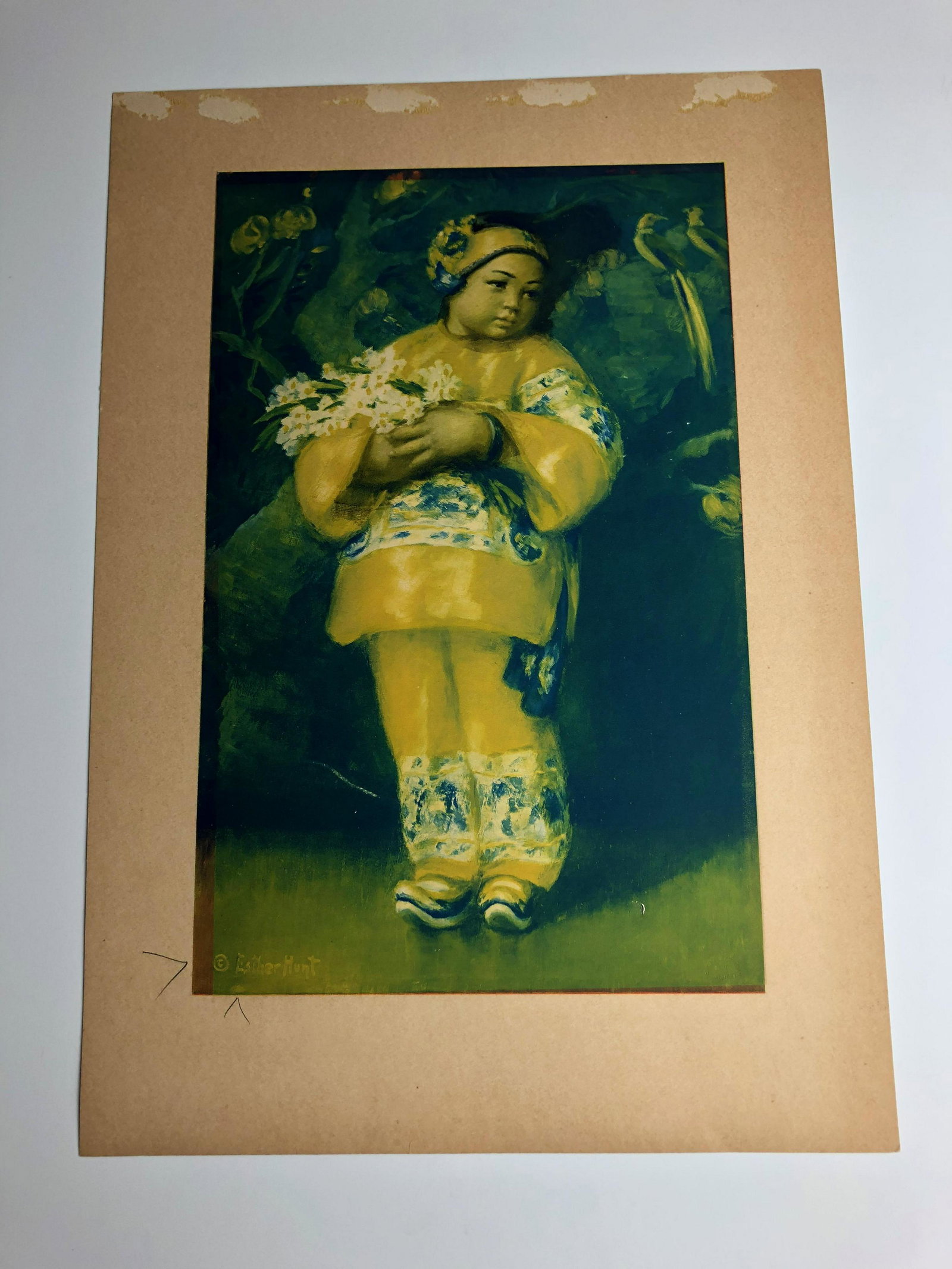 Esther Hunt (American, 1875-1951), Chinese girl with: Esther Hunt (American, 1875-1951), Chinese girl with flowers, watercolor. Signed lower left. Image area 9 inches x 14 inches.