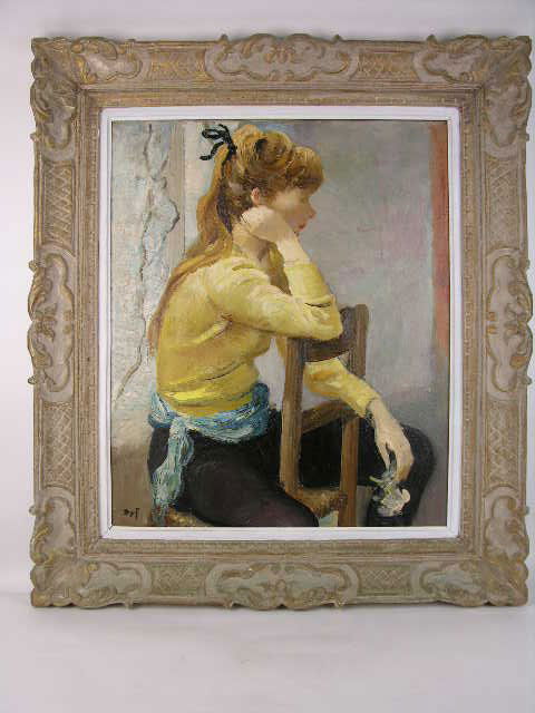 MARCEL DYF:OIL ON CANVAS.: MARCEL DYF: A BEAUTIFUL PAINTING OF A YOUNG SEATED GIRL. THE YOUNG GIRL IS WEARING A BLACK RIBBON IN HER HAIR WHILD HOLDING A ROSE IN HER LEFT HAND.SIGNED "DYF" (MARCEL DYF:FRENCH 1899-1985) IN BOTTOM