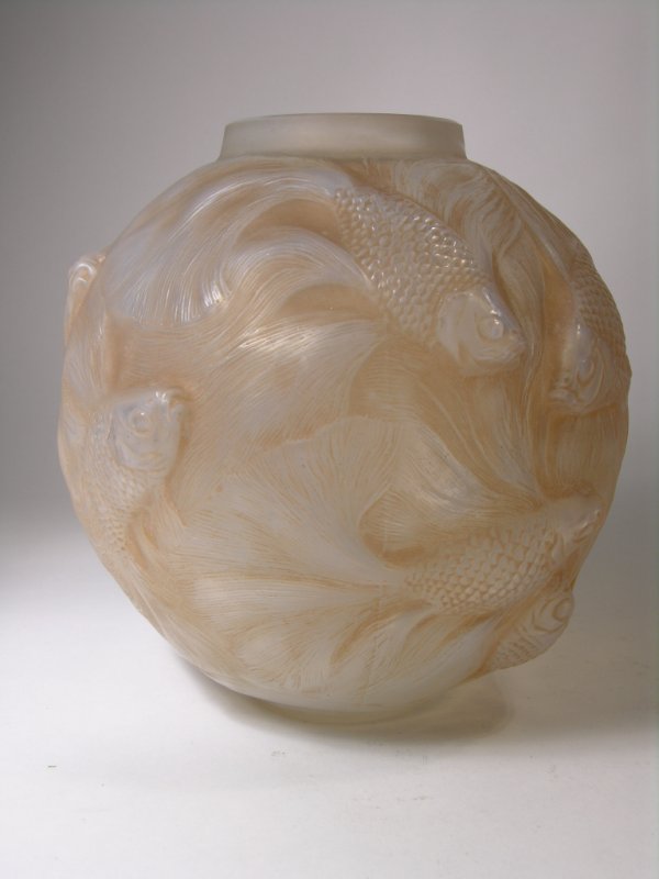 R. LALIQUE "FORMOSE" VASE.: R. LALIQUE "FORMOSE" VASE WITH A SEPIA PATINA. DECORATED WITH GOLDFISH SWIMMING IN AQUATIC PLANTS. SIGNED "R. LALIQUE FRANCE ". HEIGHT 7".