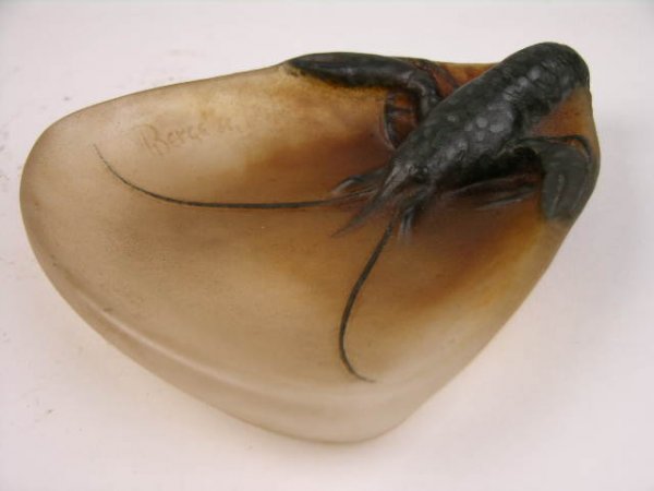 ALMERIC WALTER PATE DE VERRE TRAY.: ALMERIC WALTER PATE DE VERRE TRAY. A VERY RARE PATE DE VERRE TRAY WITH A LOBSTER ON ONE END. SIGNED "A. WALTER NANCY" ALSO SIGNED "BERGE". LENGTH 6". WIDEST POINT 5". CIRCA 1920.