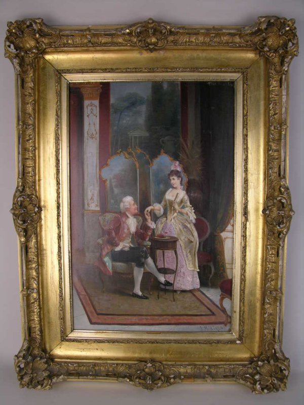 J. MONTREU OIL ON BOARD.: A BEAUTIFUL ROMANTIC PAINTING OF AN ELEGANT COUPLE SPEAKING, THE WELL DRESSED LADY HOLDING A FAN IN HER LEFT HAND WHILE A SEATED MAN IS HOLDING HER RIGHT HAND. SIGNED "J. MONTREU" IN BOTTOM LEFT. BOAR