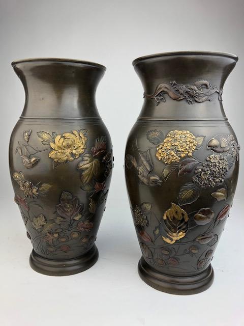 Pair of Japanese mixed metal vases. Meiji period. (1 of 11)