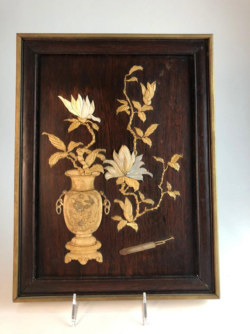 Antique Japanese Shibama framed panel with mother of (1 of 3)