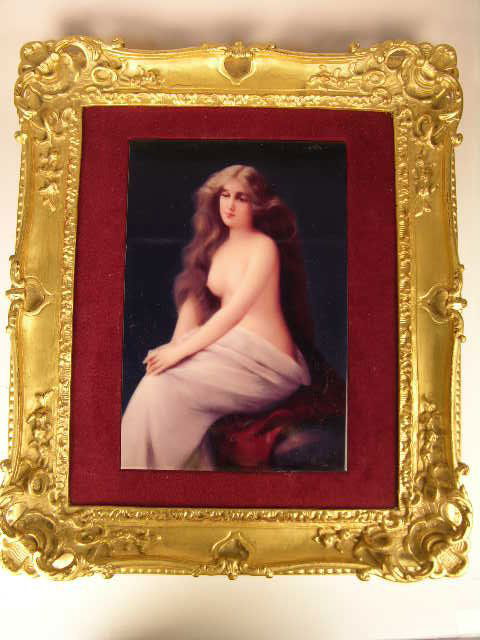 PLAQUE OF A SEMI NUDE WOMAN.: A PLAQUE OF A SEMI NUDE WOMAN. IMPRESSED KPM MARK ON THE BACK. VIEWING AREA 8" X 12". OVERALL WITH FRAME 16" X 19".