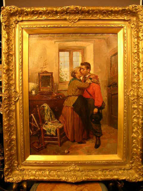 F. INDONI OIL ON CANVAS PAINTING.: AN OIL ON CANVAS PAINTING OF A YOUNG MAN BEING EMBRASSED BY AN OLDER LADY.VIEWING AREA 16" X 23". OVERALL WITH FRAME 26" X 33". CIRCA 1800.SIGNED "F. INDONI" (FILIPPO INDONI:ITALIAN 1842-1908) LOWER L
