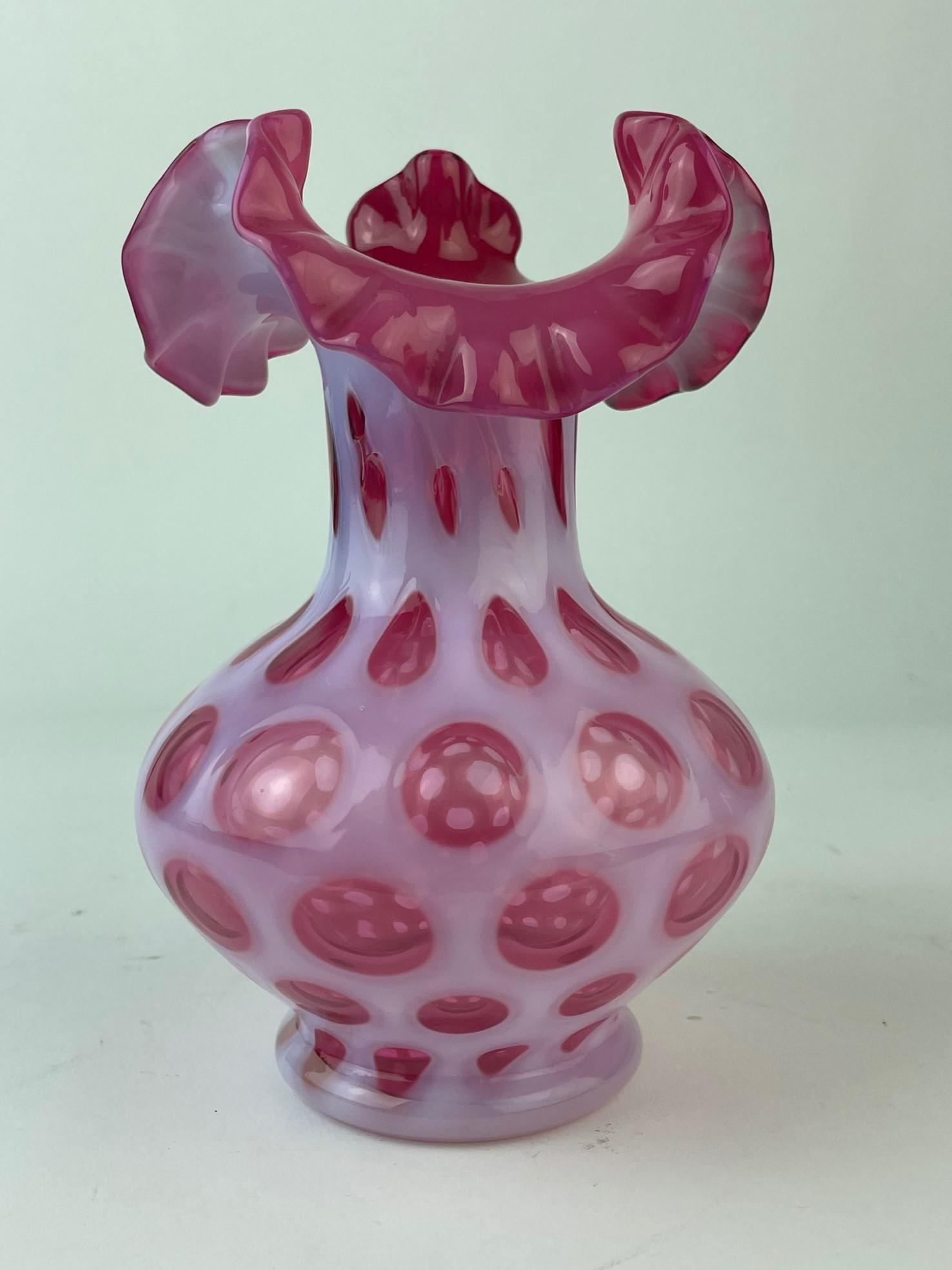 Vintage Fenton white on opalescent pink/cranberry coin (1 of 4)