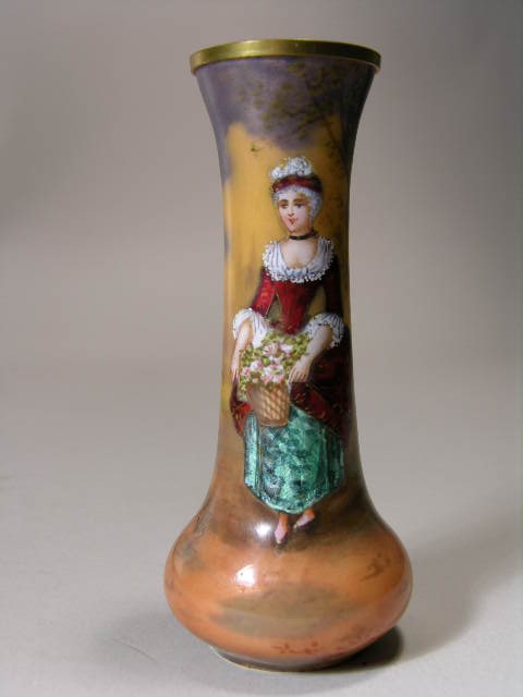 FRENCH MINATURE ENAMELLED VASE OF AN ELEGANT WOMAN : FRENCH MINATURE ENAMELLED VASE OF AN ELEGANT WOMAN IN A FORREST. HEIGHT APPROX. 4 1/4". SIGNED APPEARS TO BE "VIPE".