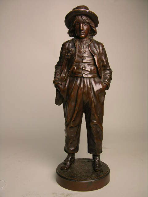 "J. GARNIER" BRONZE FIGURE.: "J. GARNIER" (FRENCH:1853-1910). AN INTERESTING BRONZE FIGURE OF A YOUNG BOY WITH A VIOLIN UNDER HIS RIGHT ARM. SIGNED "J. GARNIER" IN THE BRONZE. HEIGHT 16 1/2"