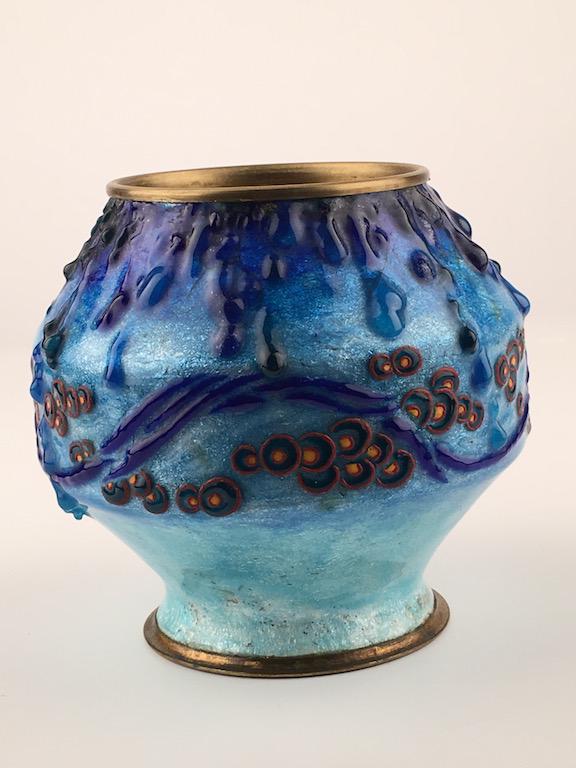 Enamel vase on copper, signed  "C. Faure Limoges". Height 4 1/2 inches. (1 of 5)