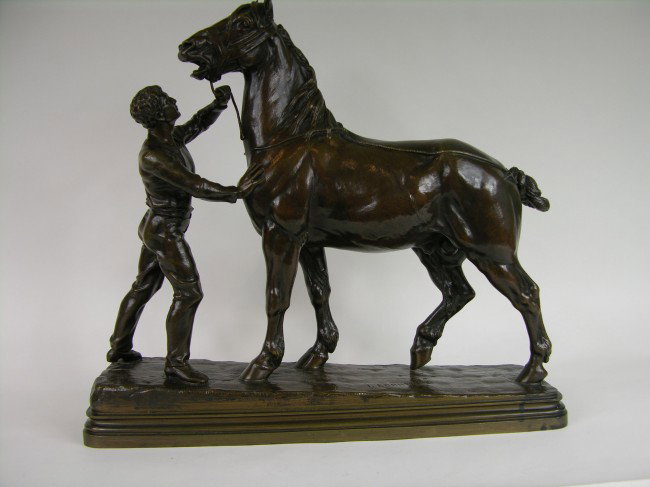 I. BONHEUR (ISADORE BONLEUR:FRENCH:1827-1901) BRONZ: I. BONHEUR (ISADORE BONLEUR:FRENCH:1827-1901) STUDY FOR A HORSE FAIRE, A BRONZE FIGURE OF A MAN WITH HIS HORSE AFTER A PAINTING BY ROSA BONHEUR. SIGNED IN THE BRONZE "I BONHEUR" AND STAMPED THE FOUNDR