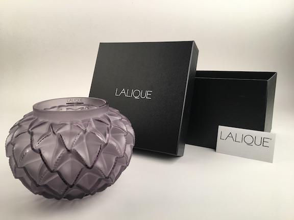 Lalique "Languedoc" vase in violet glass with original box and lable. Signed "L (1 of 8)