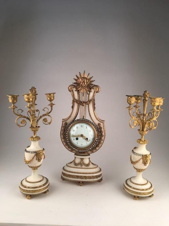 French neoclassical mantelpiece garniture set from the 19th century, with Lyre c (1 of 9)