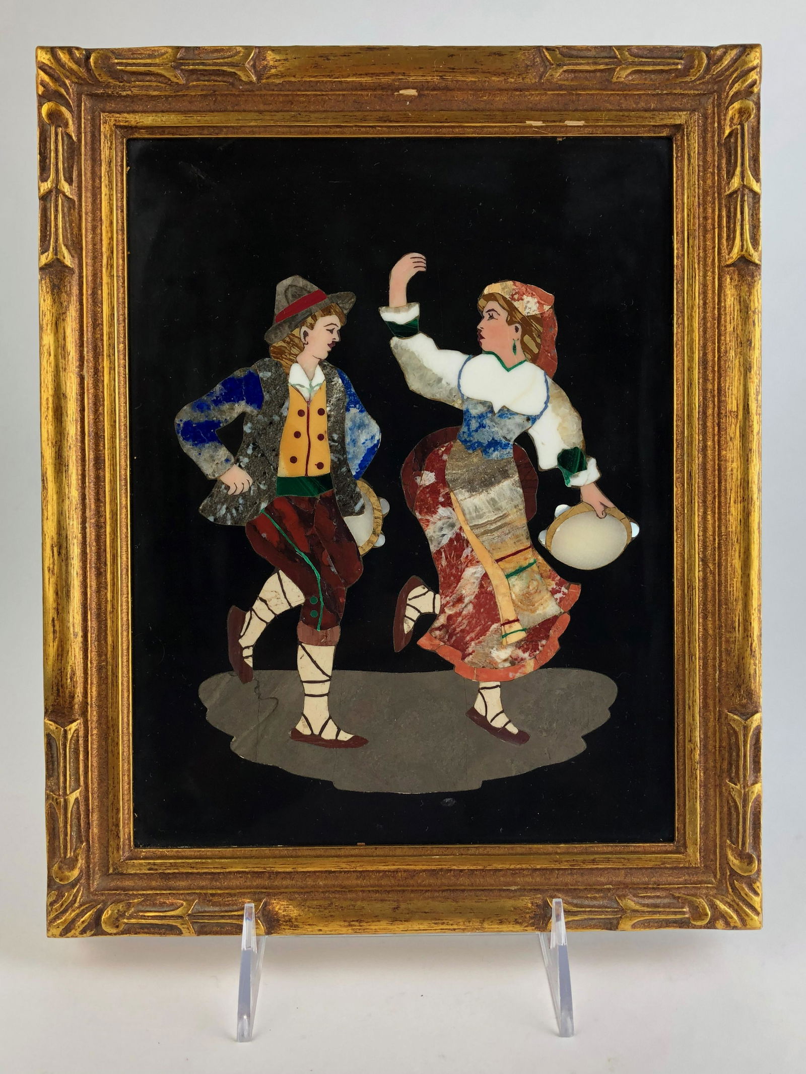 Italian pietra dura plaque of a man and lady dancing each with a tamborine. (1 of 4)