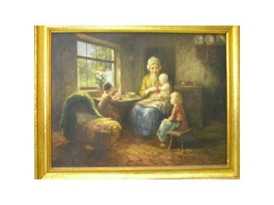 BERNARD POTHAST (DUTCH;1882-1966).: BERNARD POTHAST (DUTCH;1882-1966). OIL ON CANVAS OF A MOTHER AT A TABLE HOLDING HER YOUNG CHILD WITH THE CHILD PLAYING WITH HER DOLL AND TWO OTHER YOUNG CHILDREN LOOKING ON. VIEWING AREA 36" X 27 3/4"