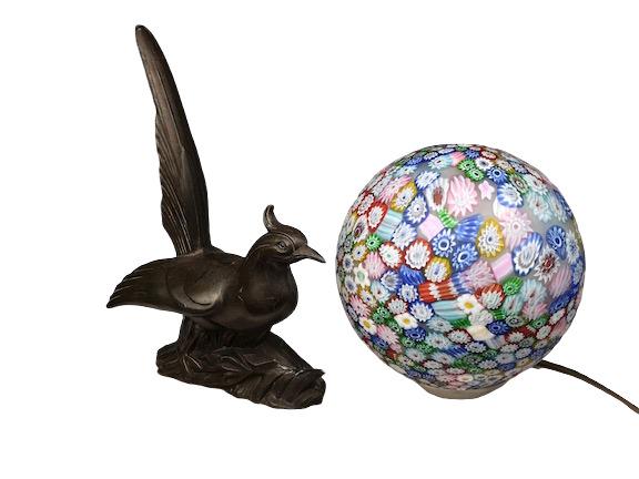 ANTIQUE MILLIFIORRI LAMP WITH BIRD.: ANTIQUE MILLIFIORRI LAMP WITH BIRD. ROUND SHADE WITH A BRONZE BIRD. HEIGHT 7 3/4".