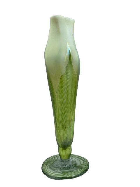 L.C. Tiffany pulled feather vase with a replaced base/foot. Height 9 inches. ( (1 of 7)