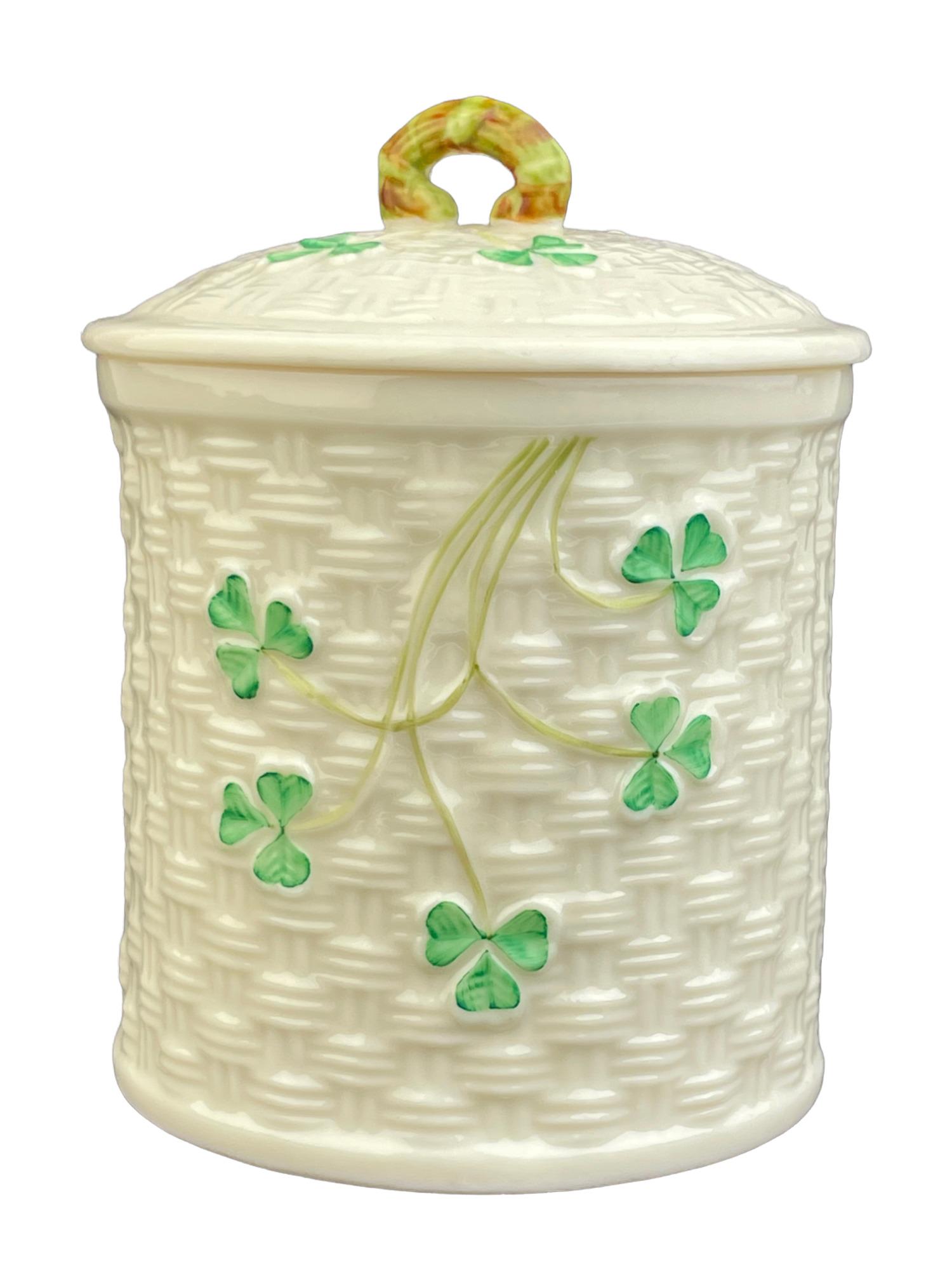 Vintage  Belleek Ireland jam/honey jar with cover with green clovers all around (1 of 5)