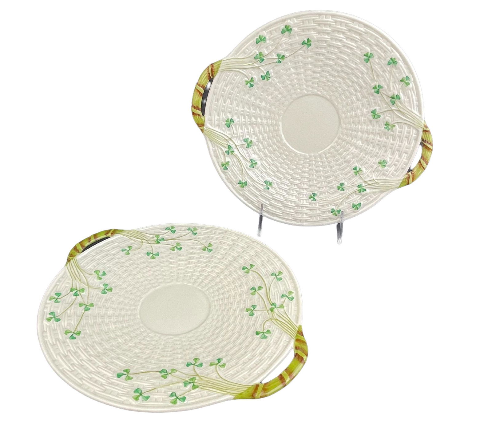 Vintage  Belleek Ireland two handled Shamrock basketweave pattern cake serving p (1 of 5)