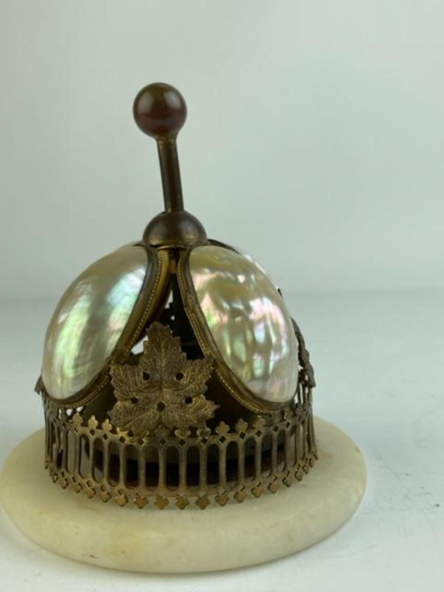 Antique Victorian era gilt metal dinner bell with  grape leaves and a surroundin (1 of 5)