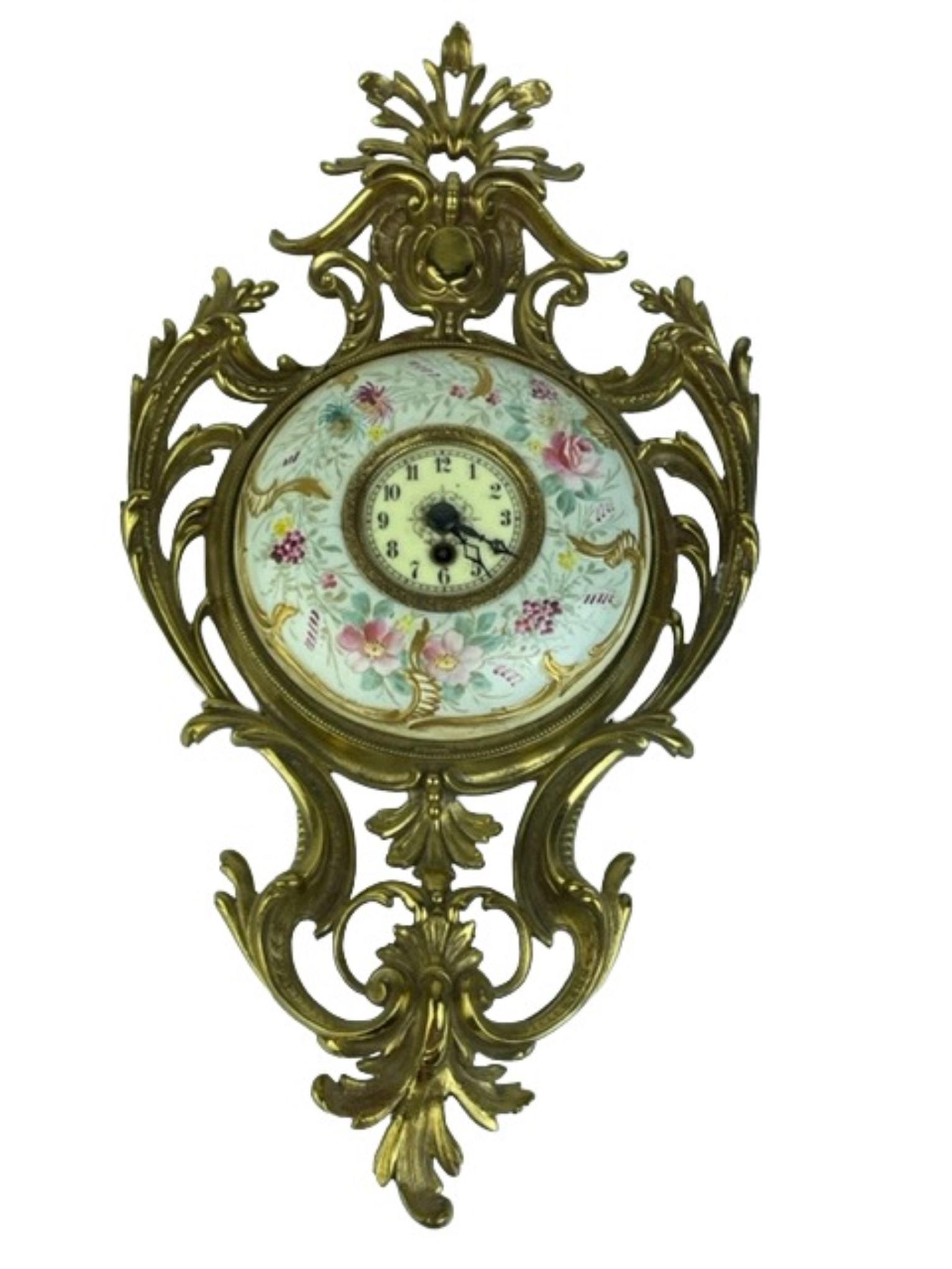 Vintage wall clock (not working) painted with flowers in an elobrate gold painte (1 of 5)