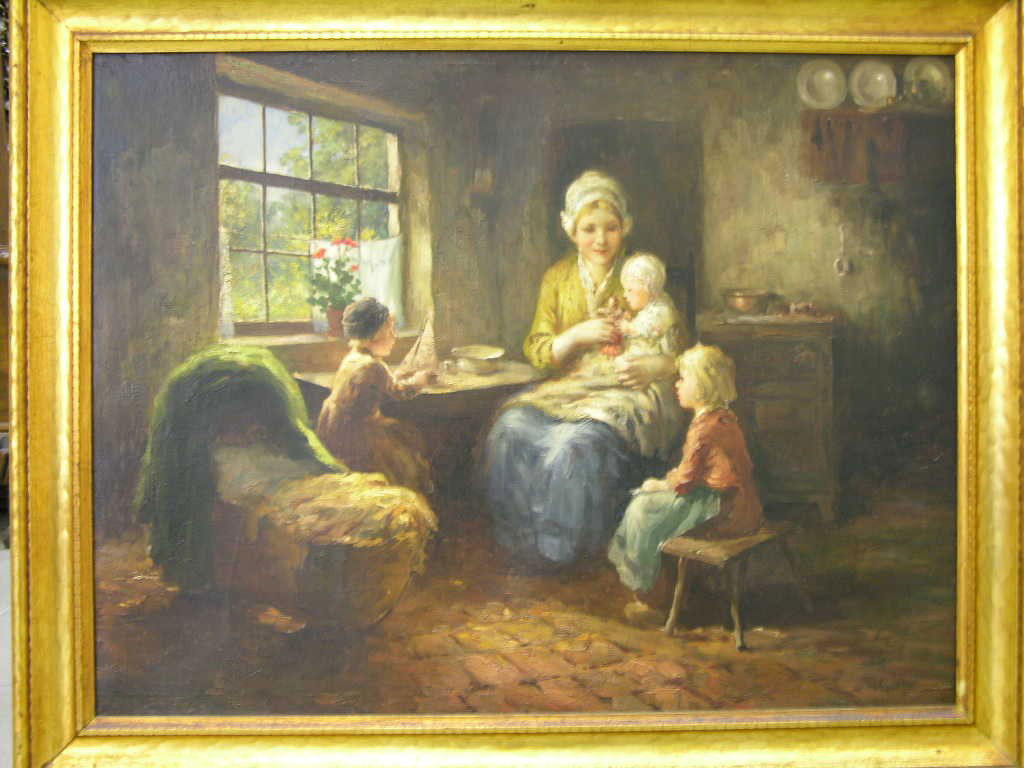 BERNARD POTHAST (DUTCH;1882-1966).: BERNARD POTHAST (DUTCH;1882-1966).OIL ON CANVAS OF A MOTHER AT A TABLE HOLDING HER YOUNG CHILD WITH THE CHILD PLAYING WITH HER DOLL AND TWO OTHER YOUNG CHILDREN LOOKING ON.VIEWING AREA 36" X 27 3/4".F