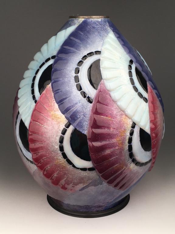 Camille Faure technique Limoges enamel in a geometic shape on copper vase (1 of 5)