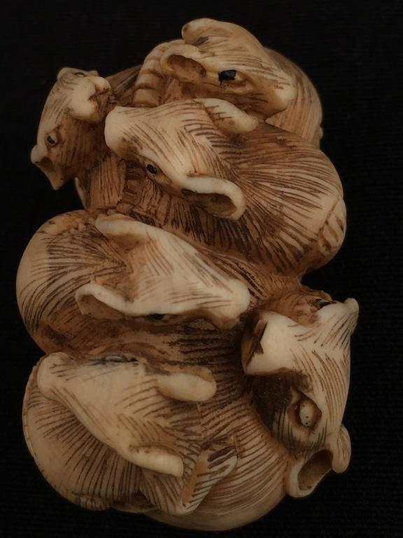 Antique carved Netsuke figure of a basket with top and dragon flies. (1 of 4)