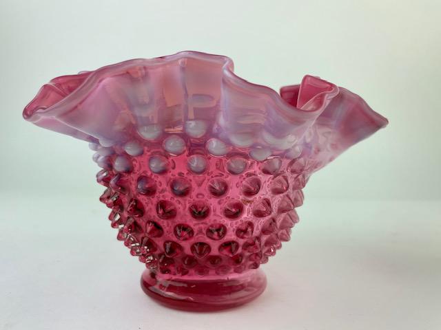 Vintage Fenton glass Hobnail pattern pink and white opalescent vase bowl with ru (1 of 4)