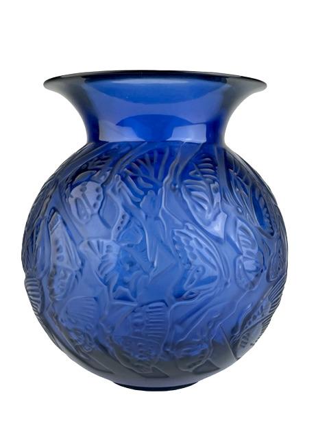Lalique "Nymphale" vase in blue glass with a flaired rim.: Lalique "Nymphale" vase in blue glass with a flaired rim. Post 1945. SIgned "Lalique, France. Height 8 3/8 inches.