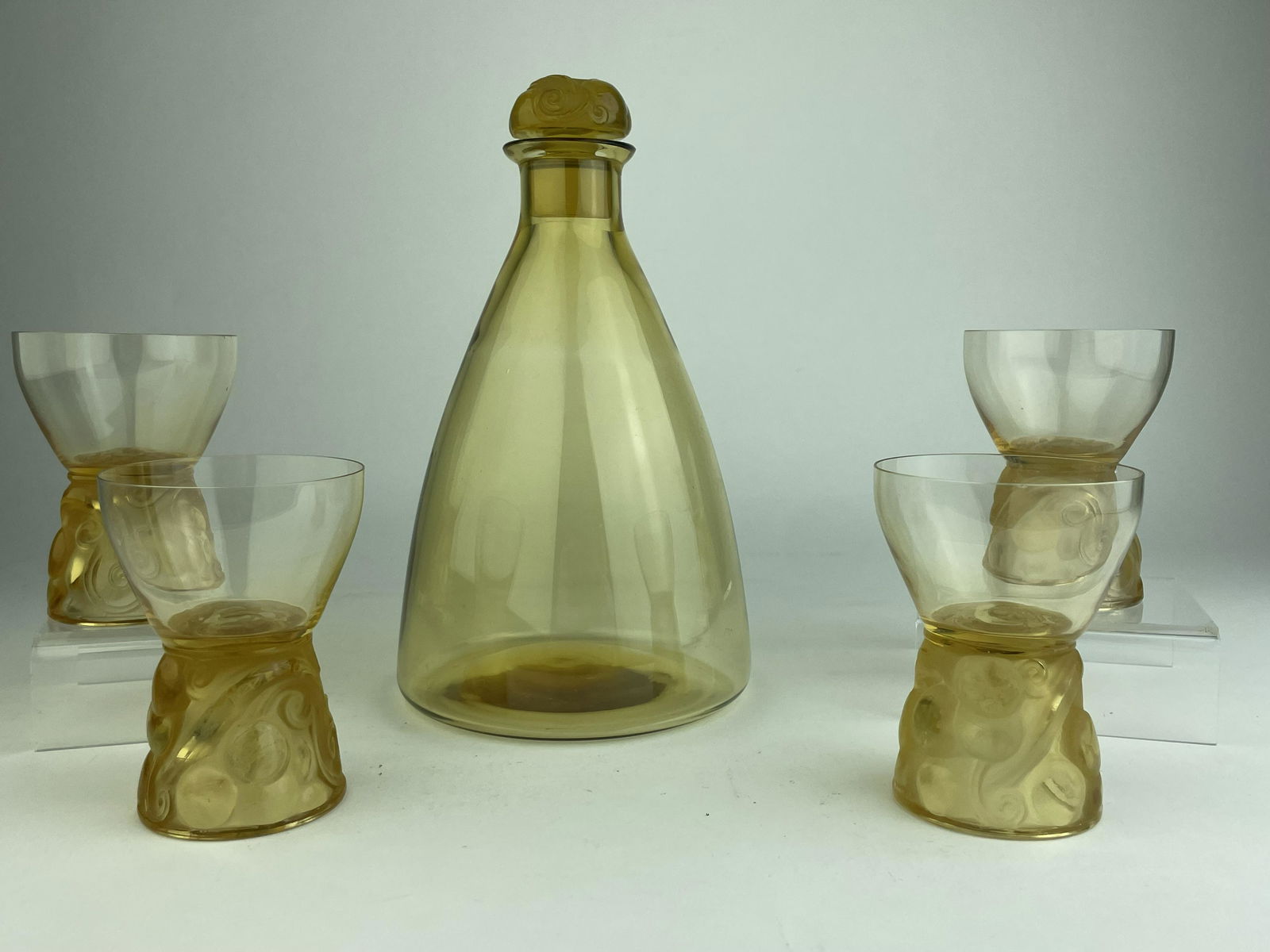 Rene Lalique (French, 1860-1954). "Marienthals" decanter and 4 glasses. (1 of 5)