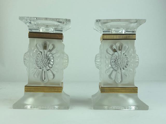 Lalique France pair of clear and frosty crystal candlesticks in a square shape w (1 of 9)
