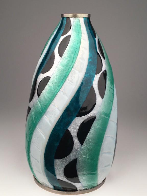 Camille Faure technique Limoges enamel in a geometic shape on copper vase (1 of 5)