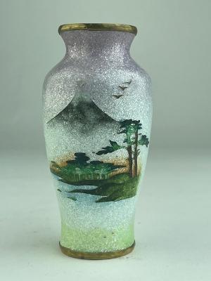 Miniature Japanese ginbari cloisonne vase with a scene of Mount Fuji, trees and (1 of 6)