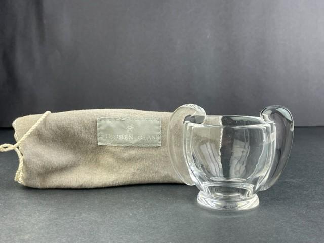 Steuben miniature glass vessel with original pouch with draw string. (1 of 7)