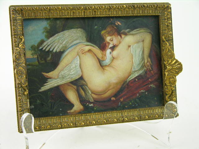 French School, 19th century, Leda and the Swan, oil: French School, 19th century, Leda and the Swan, oil on copper, unsigned. Sight size: 3 5/8" x 5 ¼" Framed: 4 5/8" x 6 ¼"