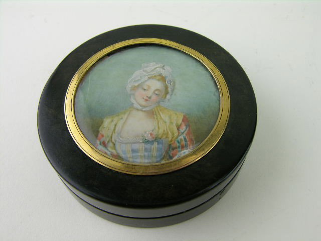 Round Portrait miniature and tortoiseshell box prob: Round Portrait miniature and tortoiseshell box probably English 19/20th century. 3 1/8"