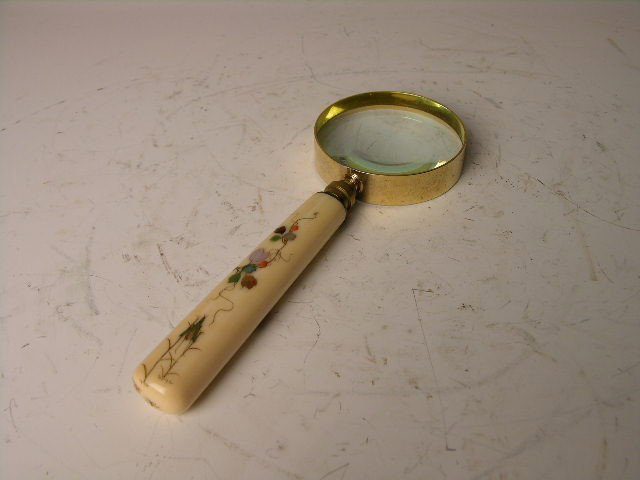 Shibayama magnifying glass.: Shibayama magnifying glass, decorated with birds and insects. Length 7 1/4".