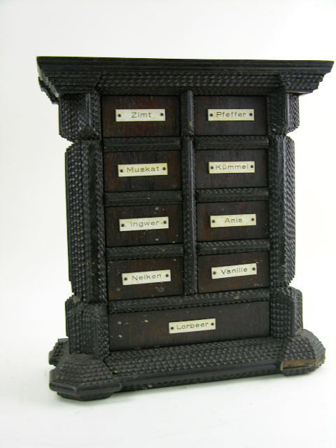 Pennsylvania Dutch hanging spice cabinet, Amish fo: Pennsylvania Dutch hanging spice cabinet, Amish folk art style carving. H: 15 ½" W: 13 ¾" D: 6"