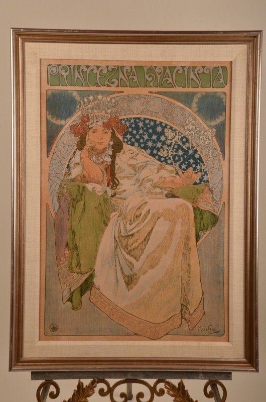 Alphonse Mucha, Czech 1860-1939, Princenza Hyacint: Alphonse Mucha, Czech 1860-1939, Princenza Hyacinta, lithograph poster printed in colors, posthumous, bears signature and date: Mucha, 11. Image size: 31 1/8" x 21 ¼" Framed: 37 ¼" x 27 3/8".